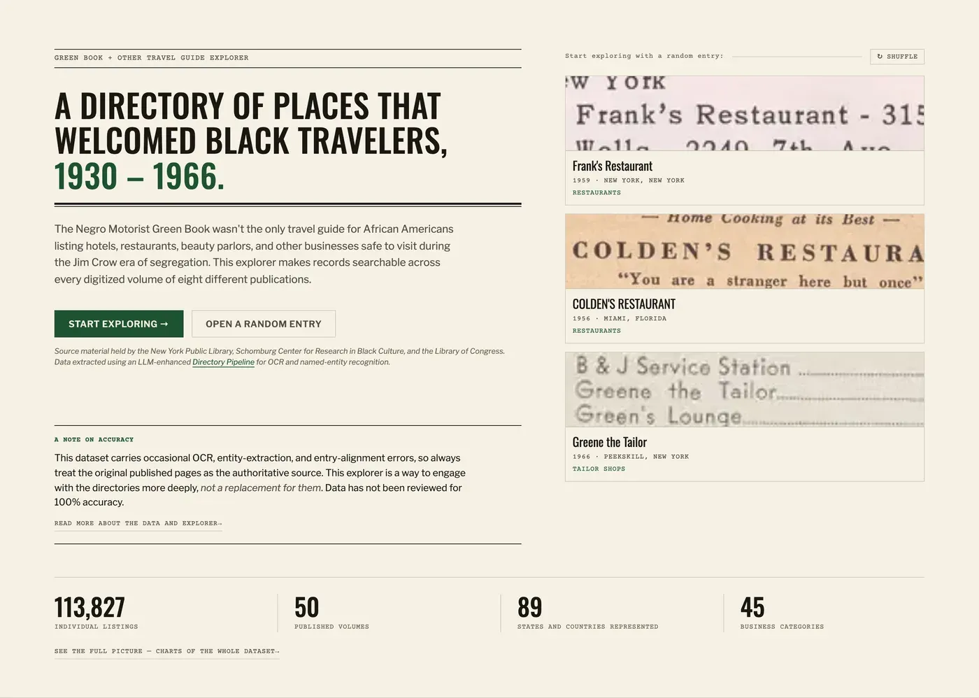 The Green Book and other travel guide explorer landing page, with three randomly selected entry snippets shown as cropped images from the original pages