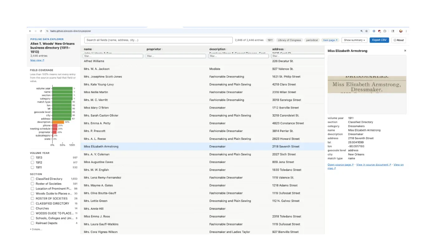 The Woods Directory data explorer, with one row per business entry and a detail panel showing the extracted fields alongside a cropped image of the entry as it appears on the page
