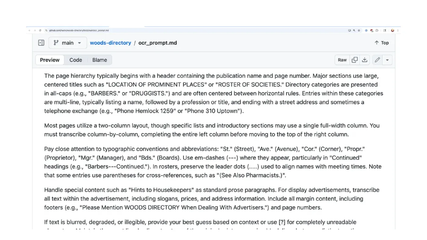 Screenshot of the generated OCR prompt for the Woods Directory, describing the page hierarchy, column layout, and typographic conventions