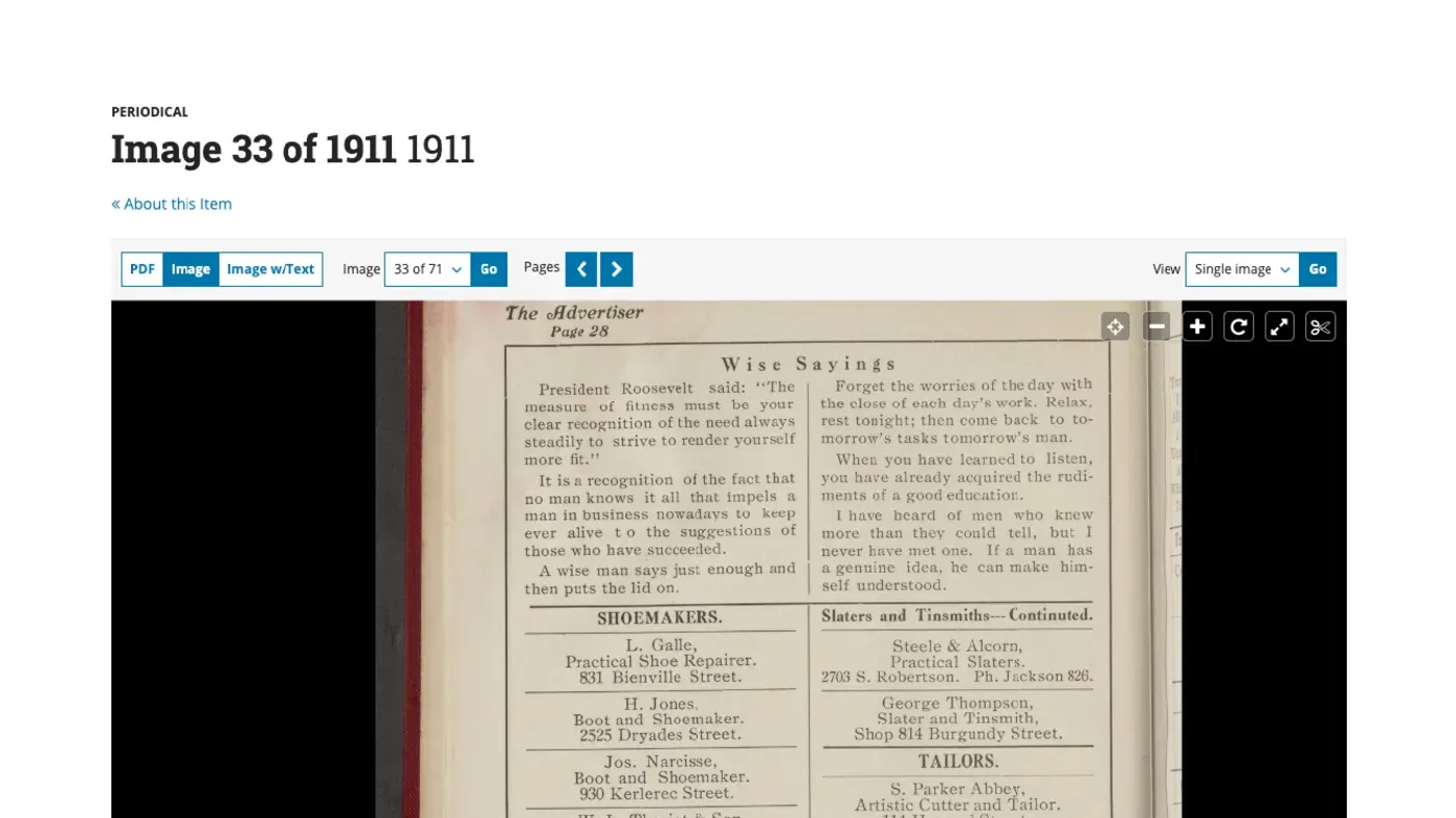 A page from the Woods Directory showing a headline running across two columns, two columns of prose, and two columns of entries
