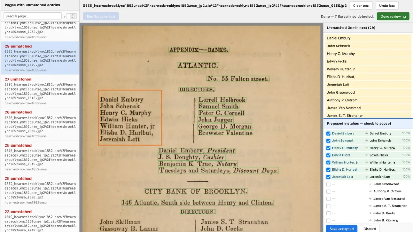 The alignment review interface, showing unmatched OCR lines beside the page image with proposed matches