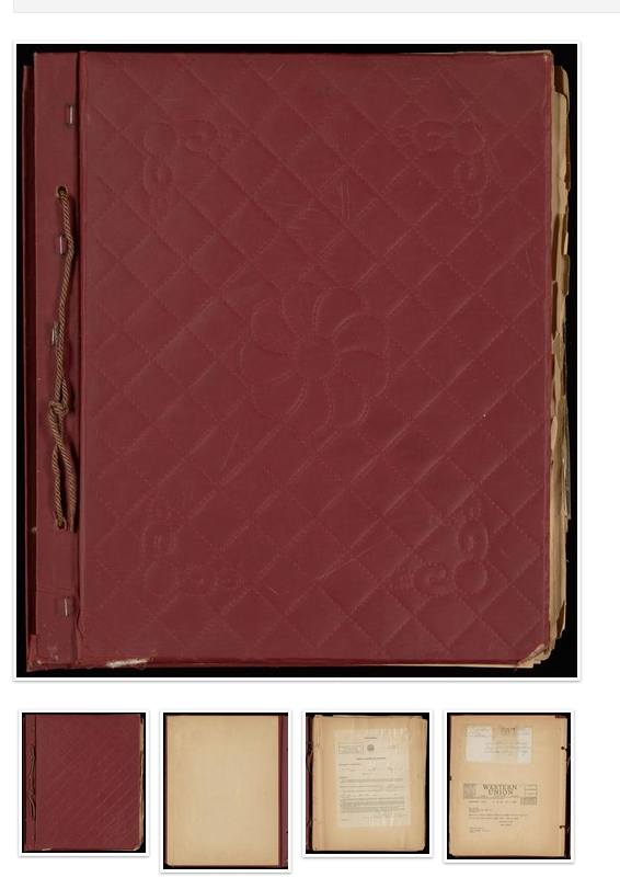 A Portal to Texas History item page showing a large image of a quilted red scrapbook cover, with four small thumbnails of the following pages beneath it