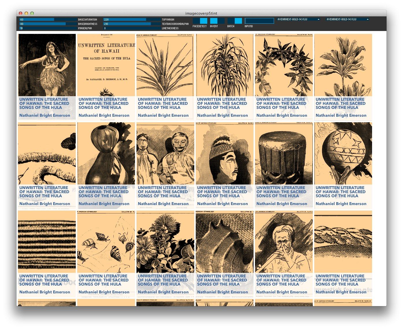 A Processing sketch window showing eighteen candidate covers for Unwritten Literature of Hawaii, each built from a different illustration inside the book and tinted the same peach color