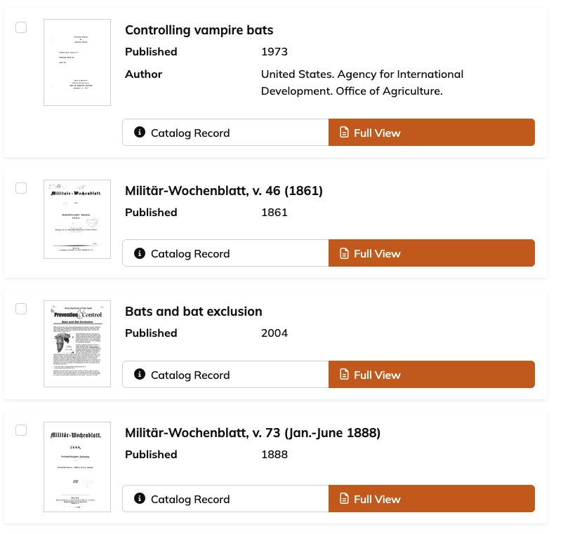 HathiTrust search results for books about bats, each shown with a small thumbnail of a text-only title page