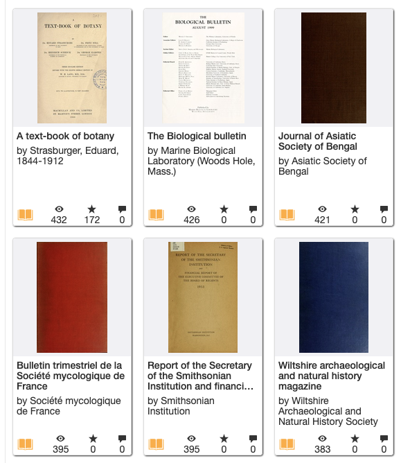 Internet Archive search results for six Biodiversity Heritage Library volumes. Three thumbnails show title pages; the other three are solid dark brown, red, and blue cloth covers with no text.