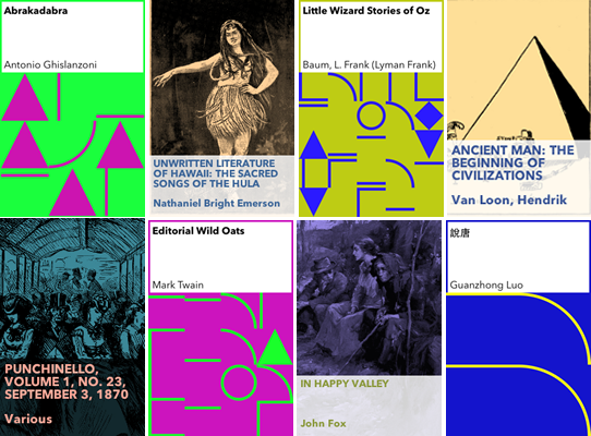 A grid of eight generated ebook covers. Some are bright blocks of geometric shapes derived from the title's letters; others are tinted illustrations taken from inside the book, with the title and author overlaid.