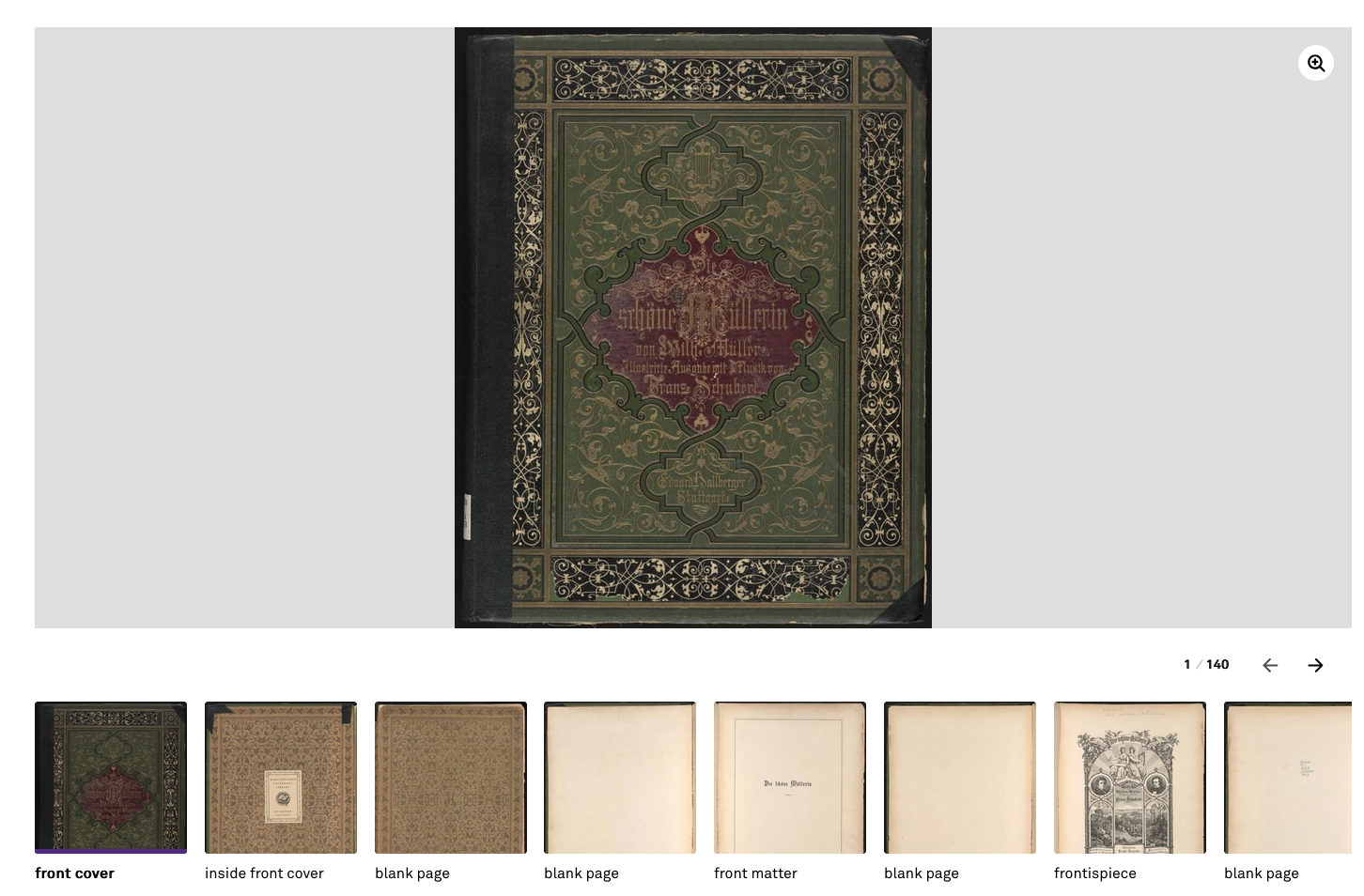 A Northwestern University Libraries viewer showing the ornate green and gold front cover of Die schöne Müllerin, above a strip of page thumbnails labeled front cover, inside front cover, blank page, blank page, front matter, blank page, frontispiece, blank page