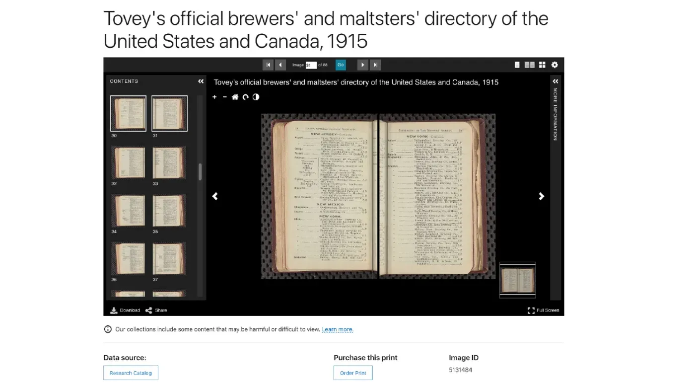 A digitized 1915 brewery directory in a digital collections viewer, shown as a two-page spread of scanned images