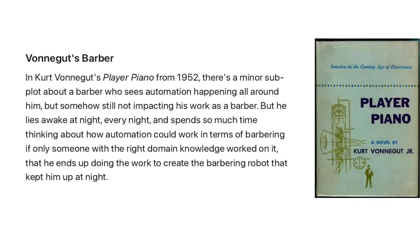 Slide about the barber in Kurt Vonnegut's Player Piano, with the first edition cover