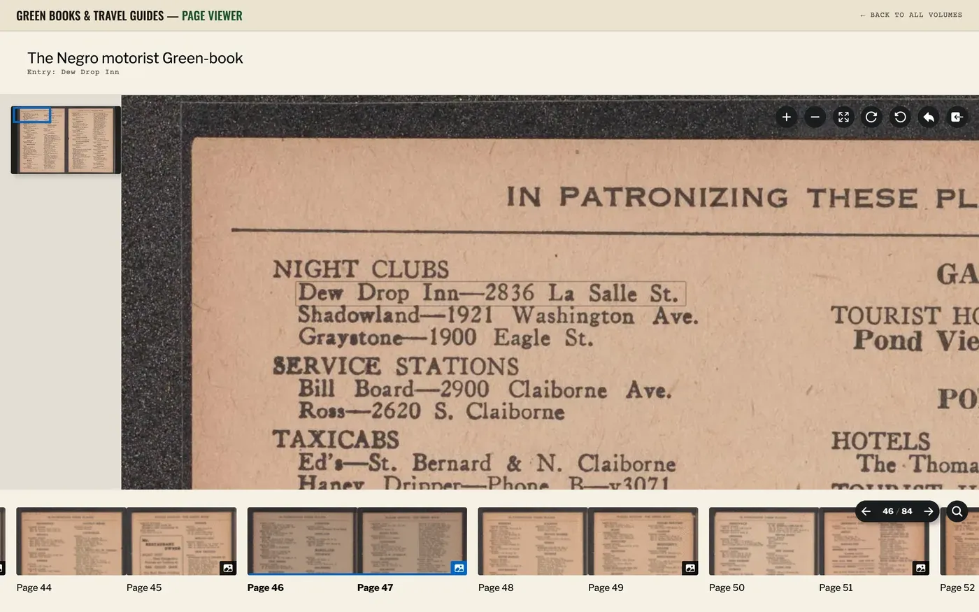 The page viewer showing the 1946 Green Book page with the Dew Drop Inn listing outlined in place under the NIGHT CLUBS heading