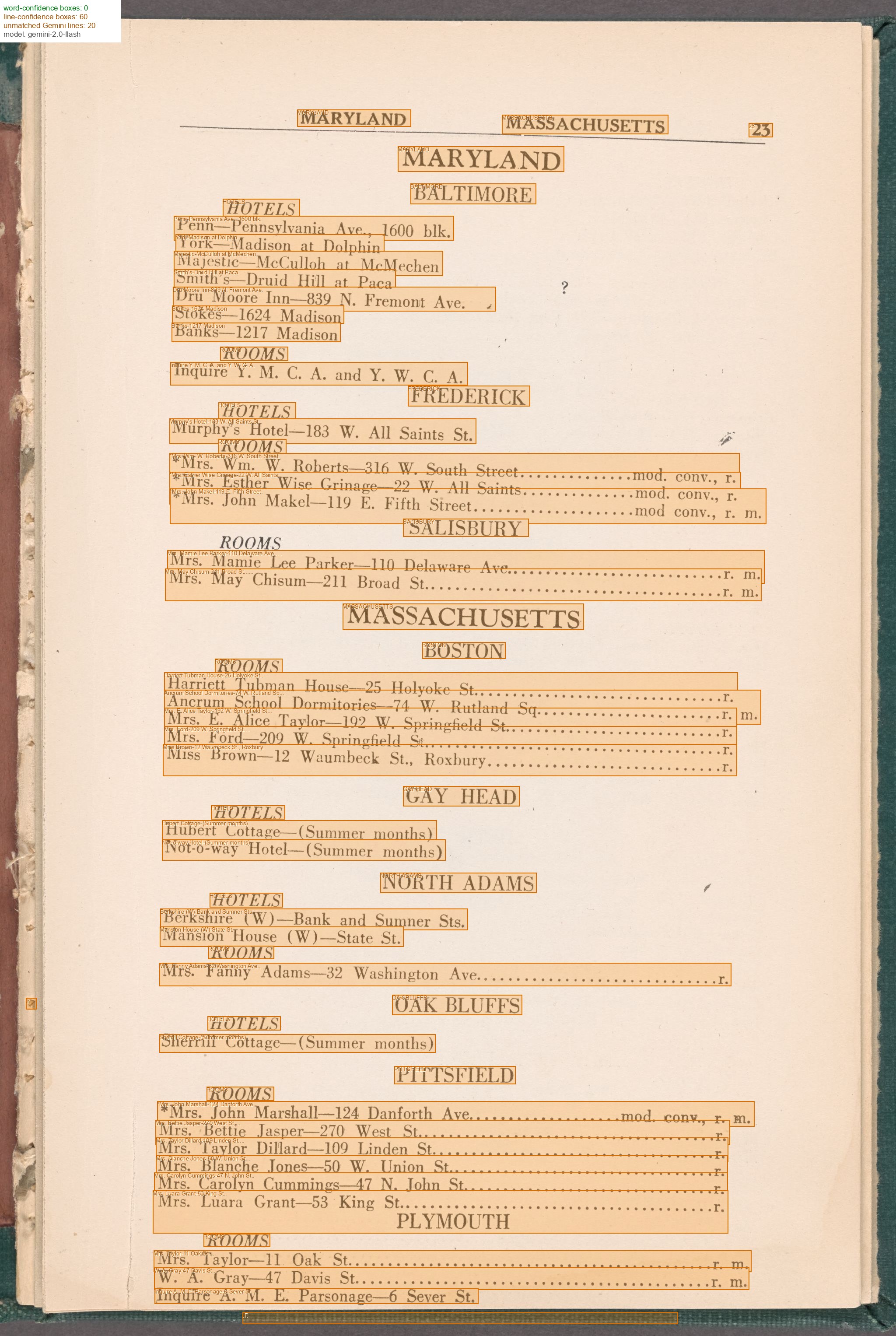 NW alignment result drawn on a source page — green bounding boxes on matched lines, unmatched Gemini lines listed in the margin in red