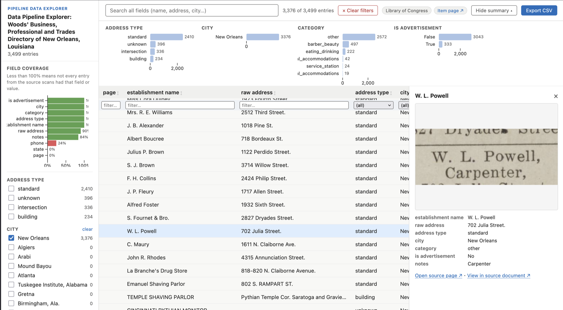 Interactive data explorer with facet filters, field distribution charts, and a detail panel with IIIF source thumbnail