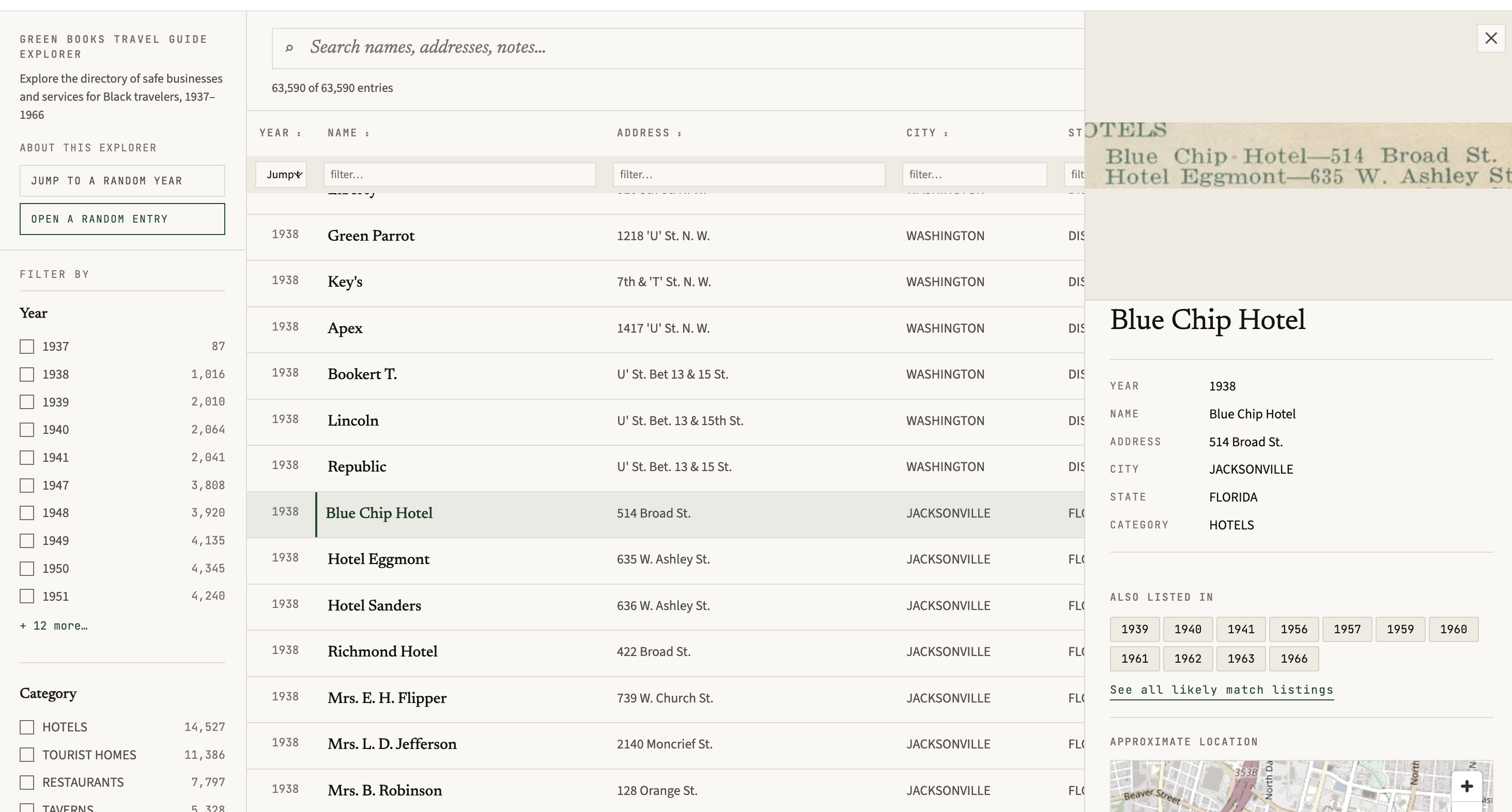 Green Book explorer: faceted entry list with a detail panel showing cross-year listings and a location map