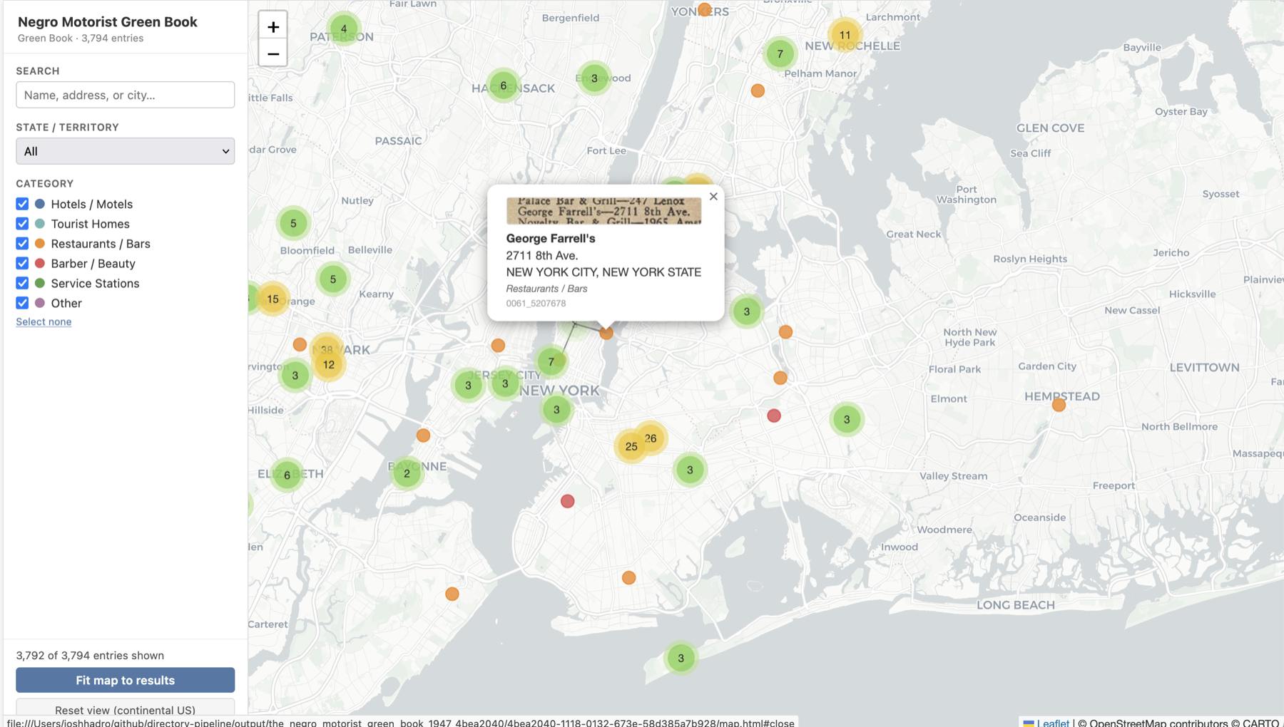 Leaflet map with clustered markers, category filter sidebar, and a popup with IIIF source thumbnail