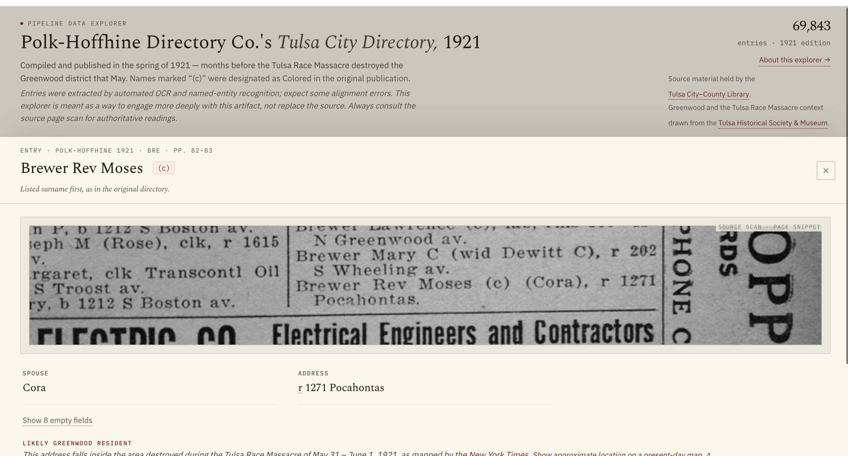 Tulsa 1921 city directory explorer: entry detail with a crop of the source scan highlighting the matched line