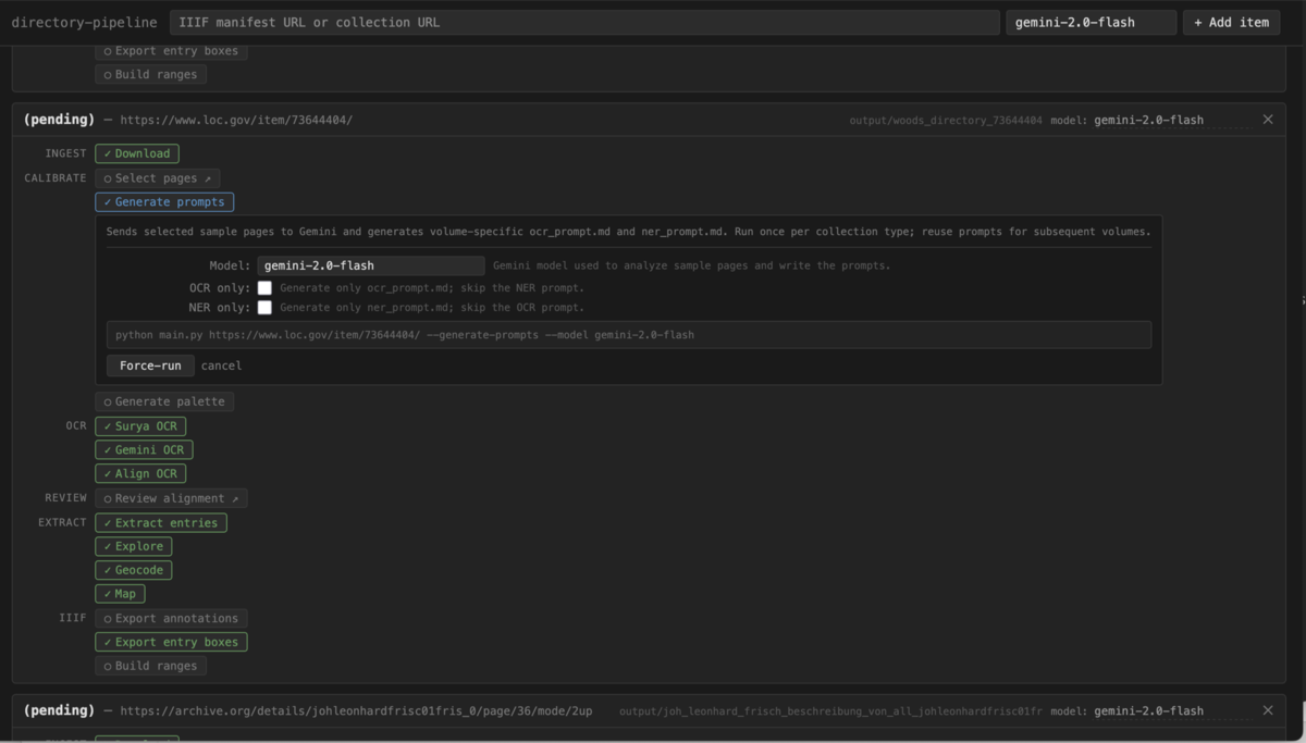 The pipeline’s web interface, showing a IIIF URL queued through stages for ingest, calibration, OCR, review, extraction, and IIIF export