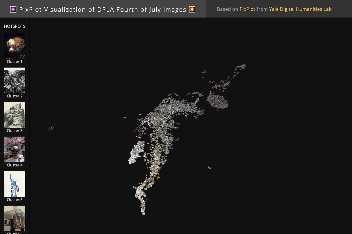 A WebGL point cloud of thousands of small images, with cluster thumbnails for fireworks, crowds, and the Statue of Liberty