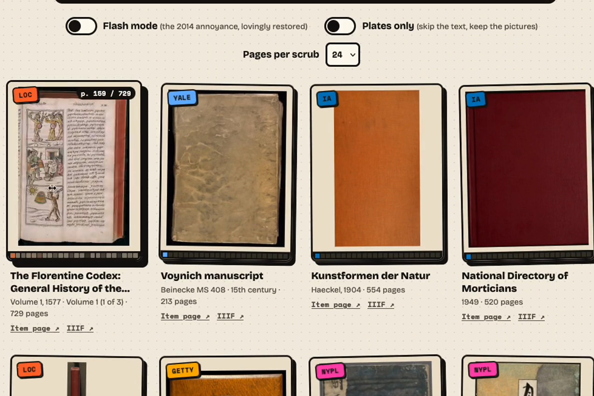 The Flipbook shelf: book cards from the Library of Congress, Yale, and the Internet Archive, with the Florentine Codex caught mid-flip on an illustrated page
