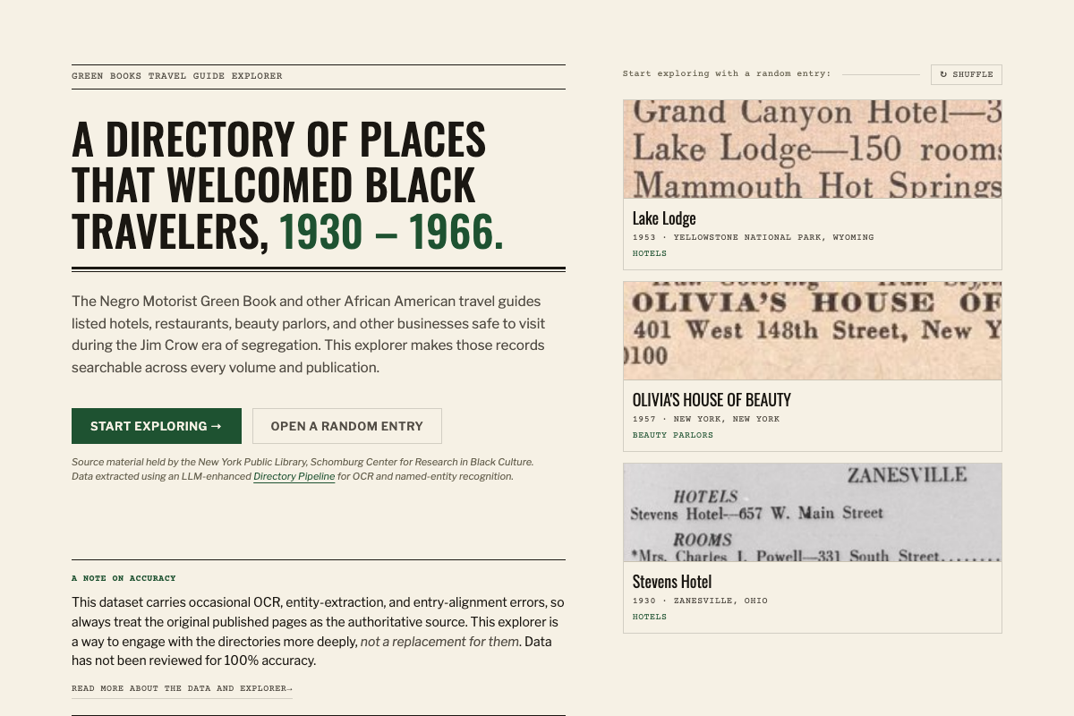 The explorer’s opening screen with sample entries for Lake Lodge, Olivia’s House of Beauty, and Stevens Hotel shown beside their scanned listings