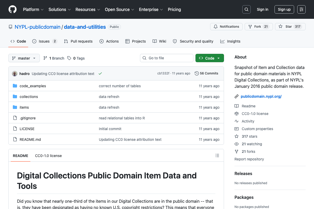 The GitHub repository page for NYPL-publicdomain/data-and-utilities